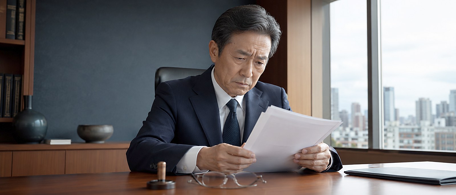 執務室において書面を読む経営者