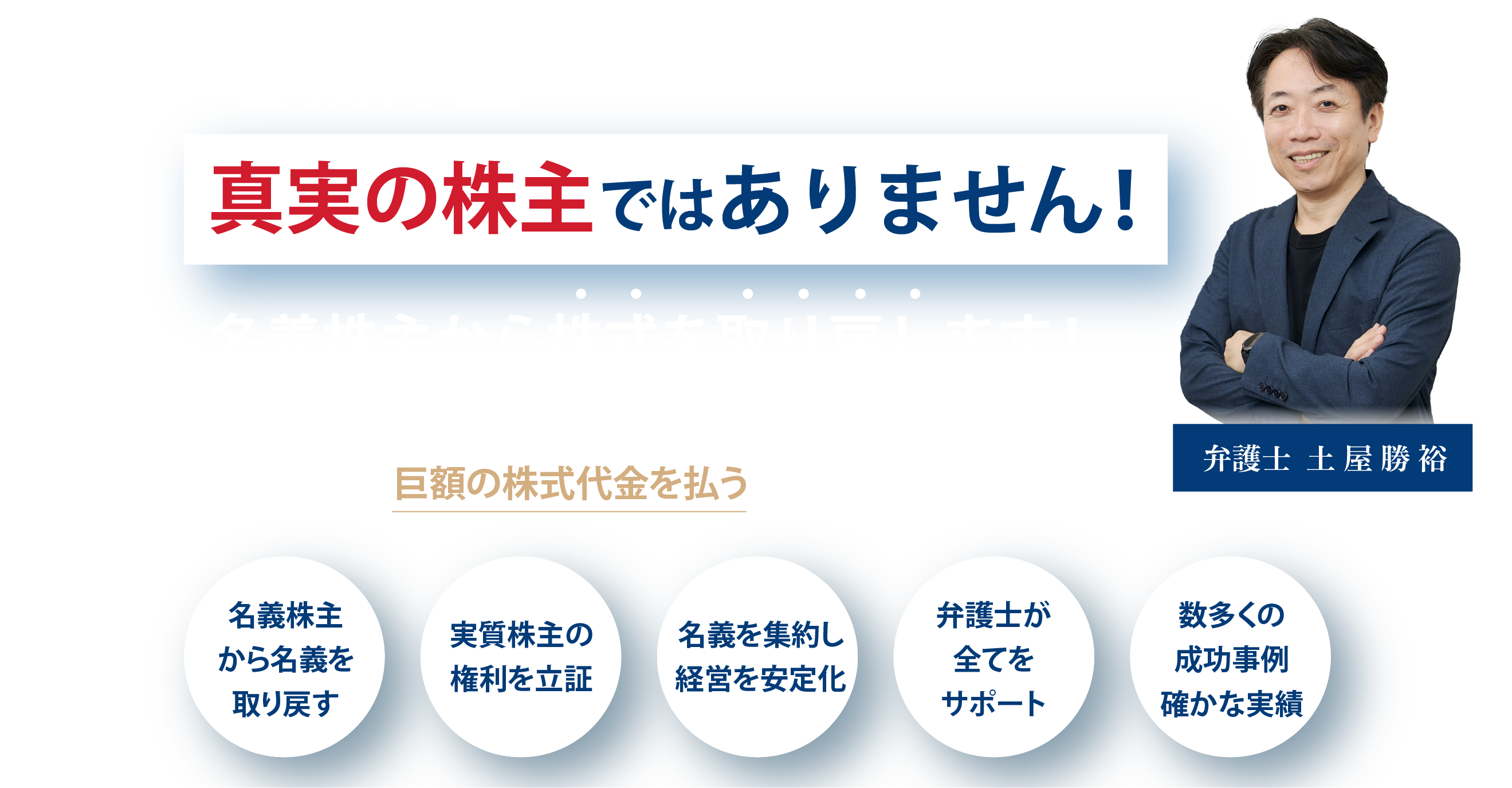 名義株主は真実の株主ではありません！名義株主からの株式を取り戻します！名義株主の権利主張でお困りの経営者様へ。名義株主に巨額の株式代金を払う必要はありません！名義株主から名義を取り戻す/実質株主の権利を立証/名義を集約し経営を安定化/弁護士が全てをサポート/数多くの成功事例確かな実績